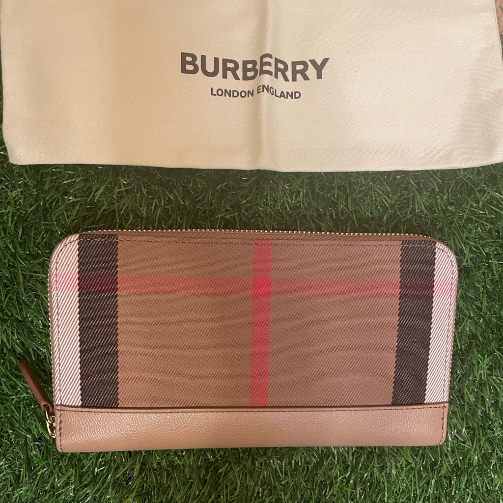 Burberry Fabric Leather Check Long Zip Around Wallet Beige